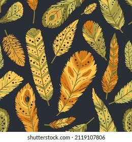 Seamless pattern of decorative colored animals tribal feathers. Decorative ethnic stylize feather ornamental indian aztec design, colored boho hippie birds. Rustic decorative feathers background.