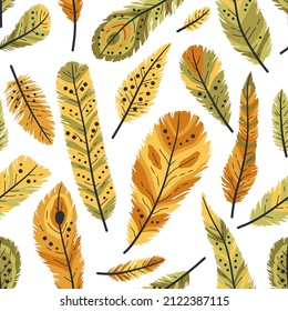 Seamless pattern of decorative colored animals tribal feathers. Decorative ethnic stylize feather ornamental indian aztec design, colored boho hippie birds. Rustic decorative feathers background.