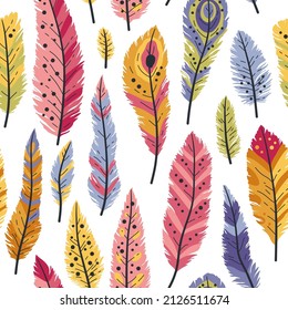 Seamless pattern of decorative colored animals tribal feathers. Decorative ethnic stylize feather ornamental indian aztec design, colored boho hippie birds. Rustic decorative feathers background.
