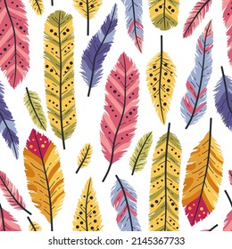 Seamless pattern of decorative colored animals tribal feathers. Decorative ethnic stylize feather ornamental indian aztec design, colored boho hippie birds. Rustic decorative feathers background.