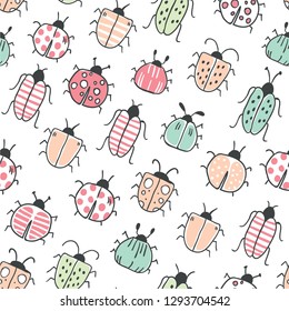 Seamless pattern with decorative colorful bugs. Colorful hand drawn doodle vector background. Scandinavian style illustration. For modern and original textile, wrapping paper, kids, teenages - Vector