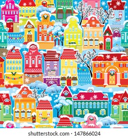 Seamless pattern with decorative colorful houses in winter time. Christmas and New Year holidays City endless background. 