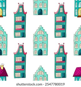 Seamless pattern with decorative colorful houses