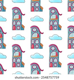 Seamless pattern with decorative colorful houses