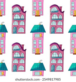 Seamless pattern with decorative colorful houses