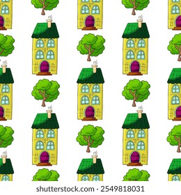 Seamless pattern with decorative colorful houses
