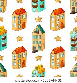 Seamless pattern with decorative colorful houses