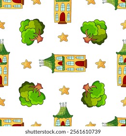 Seamless pattern with decorative colorful houses