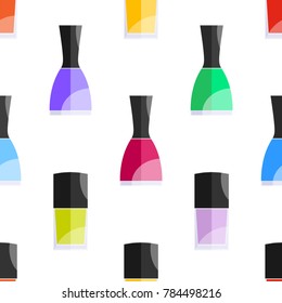 Seamless pattern with decorative colorful nail polish in flat style isolated on white background