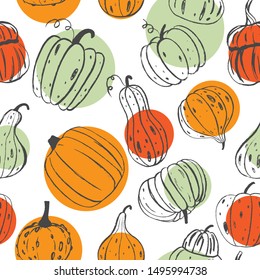 Seamless pattern with decorative colorful pumpkins. Hand drawn sketch vector autumn illustration. Thanksgiving Day holiday background. Harvest.