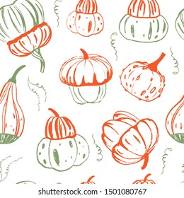 Seamless pattern with decorative colorful pumpkins. Hand drawn sketch vector autumn illustration. Thanksgiving Day holiday background. Harvest. Food elements.