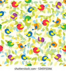 Seamless pattern with decorative colorful vector with birds on the background of fallen leaves