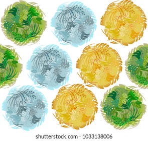 Seamless pattern with decorative colors used for home decoration. Exotic tropical plants are located in the contour of the circle.