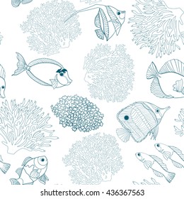 Seamless pattern with decorative corals and sea or aquarium fish. Vector illustration. Outline drawing.