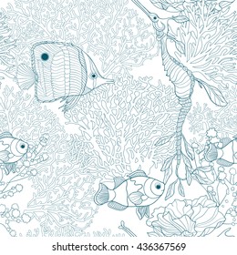 Seamless pattern with decorative corals and sea or aquarium fish. Vector illustration. Outline drawing.