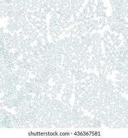 Seamless pattern with decorative corals and sea or aquarium fish. Vector illustration. Outline drawing.
