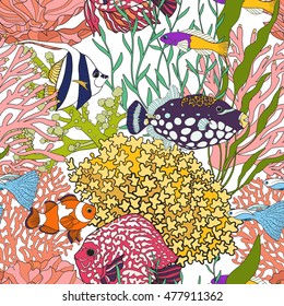 Seamless pattern with decorative corals and sea or aquarium fish. Colored Vector illustration
