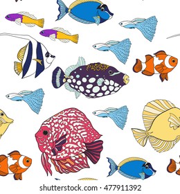 Seamless pattern with decorative corals and sea or aquarium fish. Colored Vector illustration