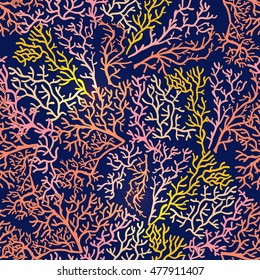 Seamless pattern with decorative corals and sea or aquarium fish. Colored Vector illustration