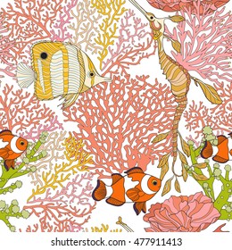 Seamless pattern with decorative corals and sea or aquarium fish. Colored Vector illustration