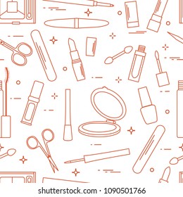Seamless pattern of decorative cosmetics, accessories for nail care. Glamour fashion vogue style.
