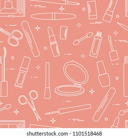 Seamless pattern of decorative cosmetics, accessories for nail care. Glamour fashion vogue style.