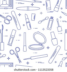 Seamless pattern of decorative cosmetics, accessories for nail care. Glamour fashion vogue style.