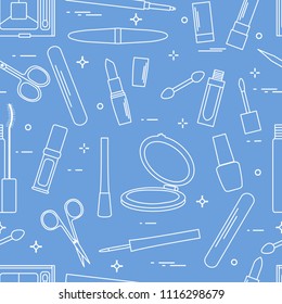 Seamless pattern of decorative cosmetics, accessories for nail care. Glamour fashion vogue style.