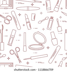 Seamless pattern of decorative cosmetics, accessories for nail care. Glamour fashion vogue style.