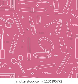 Seamless pattern of decorative cosmetics, accessories for nail care. Glamour fashion vogue style.