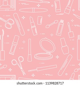 Seamless pattern of decorative cosmetics, accessories for nail care. Glamour fashion vogue style.