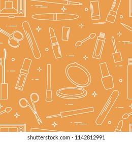 Seamless pattern of decorative cosmetics, accessories for nail care. Glamour fashion vogue style.