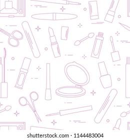 Seamless pattern of decorative cosmetics, accessories for nail care. Glamour fashion vogue style.