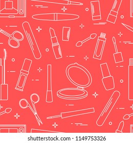 Seamless pattern of decorative cosmetics, accessories for nail care. Glamour fashion vogue style.