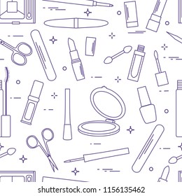 Seamless pattern of decorative cosmetics, accessories for nail care. Glamour fashion vogue style.