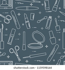 Seamless pattern of decorative cosmetics, accessories for nail care. Glamour fashion vogue style.