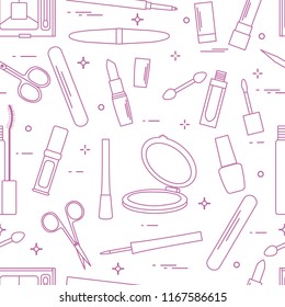 Seamless pattern of decorative cosmetics, accessories for nail care. Glamour fashion vogue style.