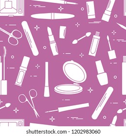 Seamless pattern of decorative cosmetics, accessories for nail care. Glamour fashion vogue style.