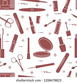 Seamless pattern of decorative cosmetics, accessories for nail care. Glamour fashion vogue style.