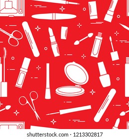 Seamless pattern of decorative cosmetics, accessories for nail care. Glamour fashion vogue style.