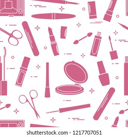 Seamless pattern of decorative cosmetics, accessories for nail care. Glamour fashion vogue style.