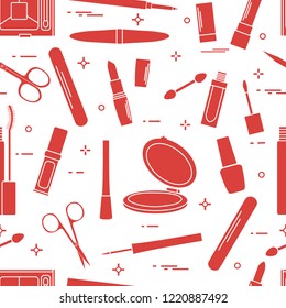 Seamless pattern of decorative cosmetics, accessories for nail care. Glamour fashion vogue style.