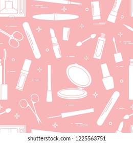 Seamless pattern of decorative cosmetics, accessories for nail care. Glamour fashion vogue style.