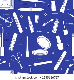 Seamless pattern of decorative cosmetics, accessories for nail care. Glamour fashion vogue style.