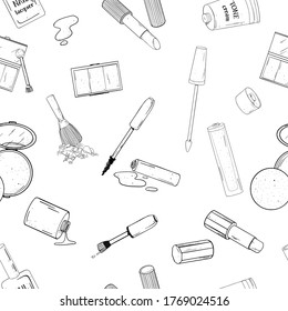 Seamless pattern with decorative cosmetics. Black outline on a white background. Vector illustration in sketch style. Hand-drawn.