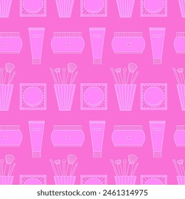 Seamless pattern of decorative cosmetics. Blush, powder, cream and makeup brushes. Vector illustration