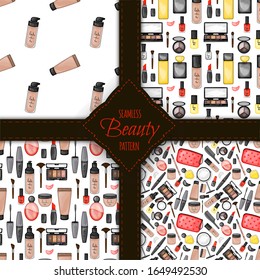 Seamless pattern with decorative cosmetics. Cartoon style. Vector illustration