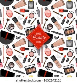 Seamless pattern with decorative cosmetics. Cartoon style. Vector illustration