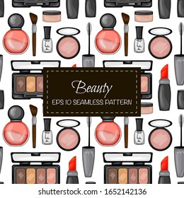 Seamless pattern with decorative cosmetics. Cartoon style. Vector illustration