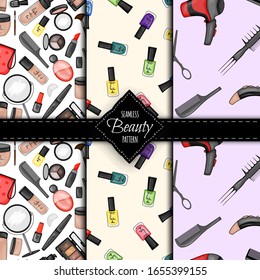 Seamless pattern with decorative cosmetics. Cartoon style. Vector illustration